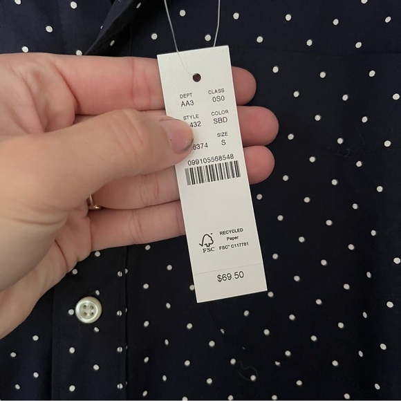NWT J. Crew Navy Polka Dot Stretch Secret Wash Cotton Poplin Button Down Shirt - Picture 12 of 12